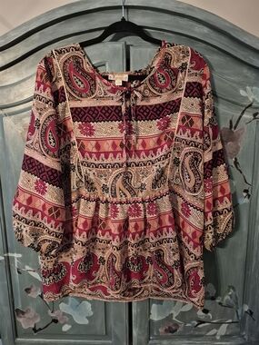 TANZARA Boho Paisley Tie-Neck Peasant Blouse - Red & Cream